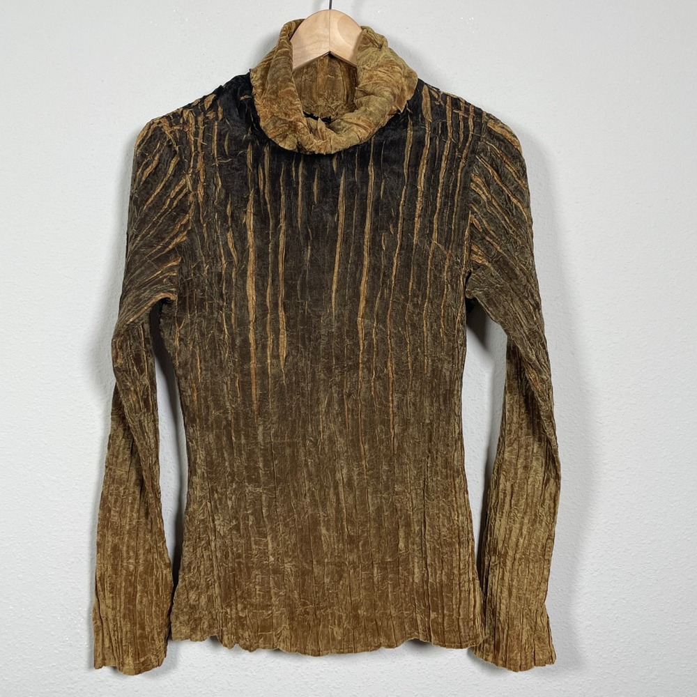 Komarov Crinkle Pleated Turtleneck Goblincore Earthy Women M Bronze Metallic Top